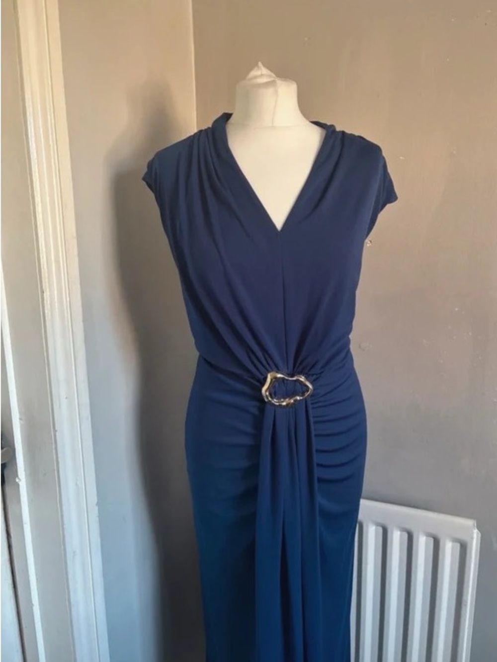Elegant Navy Maxi Dress with Gold Oval Buckle
